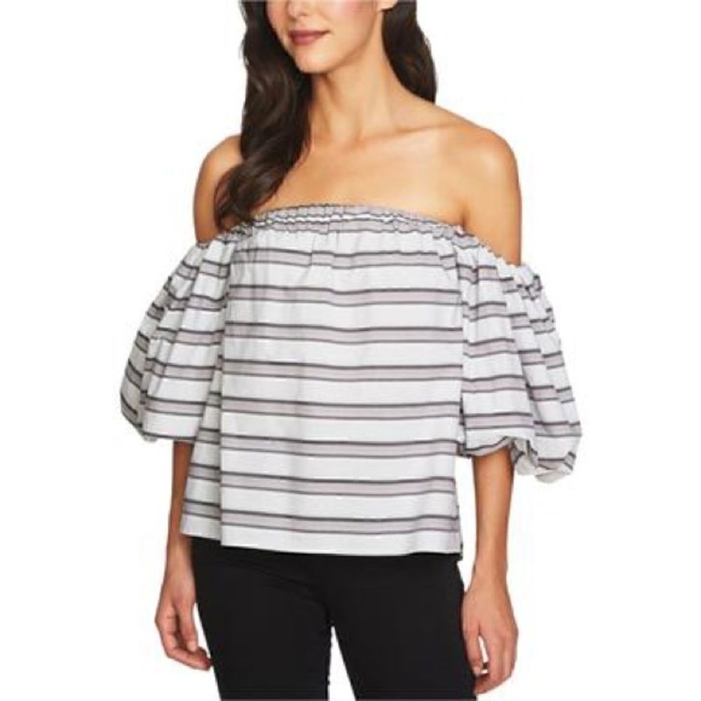 1. State Puff Sleeve Gray & White Stripe Off the Shoulder Top! 🔥